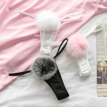 Женские сексуальные трусики-танга с милым кроличьим хвостом, стринги с меховым помпоном, бикини с Т-образной спинкой, нижнее белье для костюмированной вечеринки, экзотические трусики