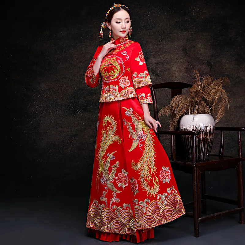 Vermelho Chinês Tradicional Vestido De Noiva Mulheres