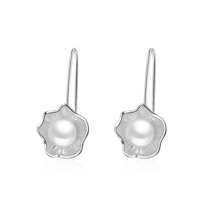 925 Sterling Silver Female Dangle Earrings Lotus Pearl Fresh Flower E054 dangle earrings pearl earrings flower earrings lotus earrings