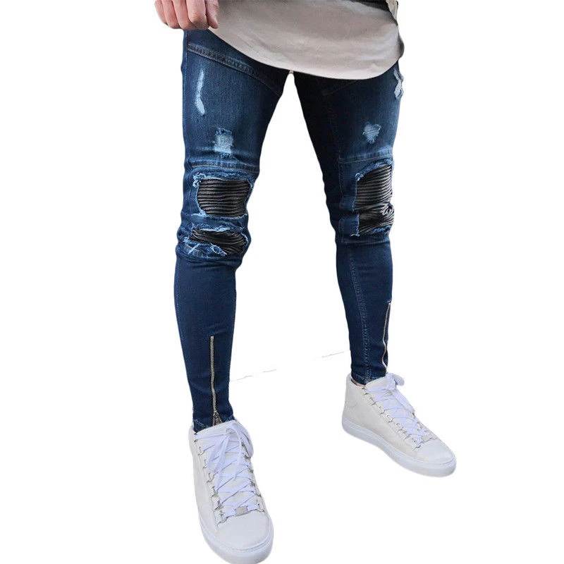 Frustración reposo Fatal Pantalones vaqueros azules para hombre elásticos rotos agujeros rasgados  diseño plisado moda tobillo cremallera Skinny Jeans para hombre|Pantalones  vaqueros| - AliExpress