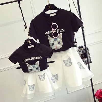 Family-look-2016-Mother-And-Daughter-Cat-T-shirt-Eugen-yarn-skirt-set-Family-matching-outfits