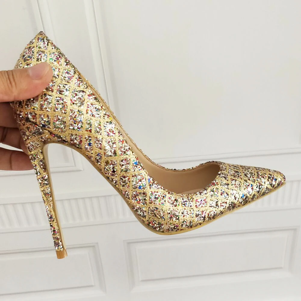 Gold glitter shoes high heels 12cm / 10cm / 8cm heel sexy size 33 34 ...