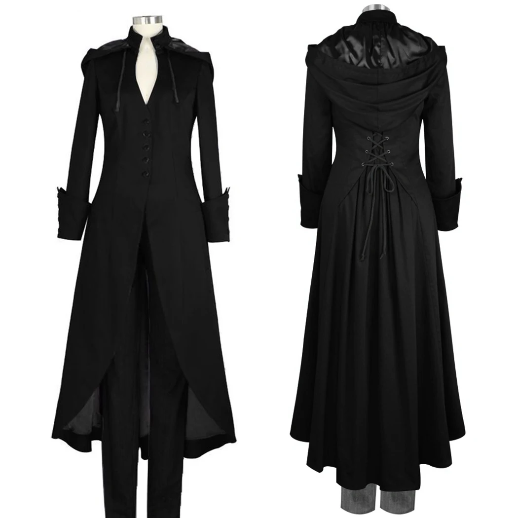 

2018 Women Vintage Gothic Steampunk Trench Hooded Coats 4XL Medieval Retro Trench Coat Female Uniform Cosplay Costume Outwear