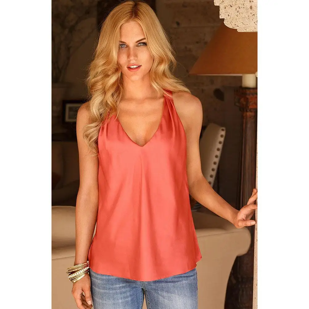 Women Ladies Silk Vest Tops V neck Sexy Casual Vest Slim Sleeveless