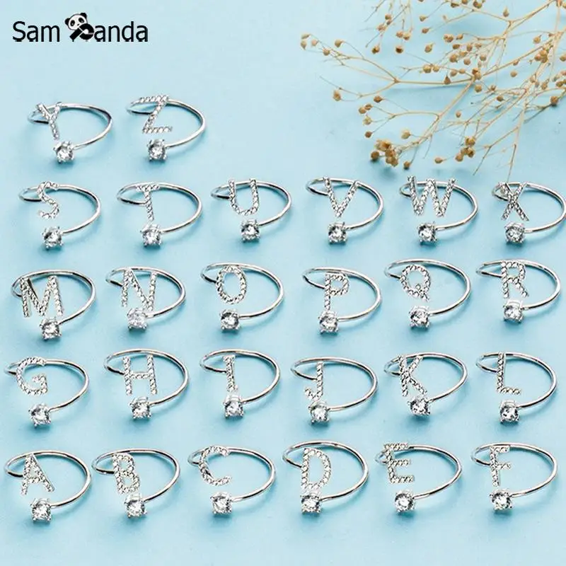 

New 100% 925 Sterling Silver Korean Style 26 Letters Fashion Open Rings For Women Men Romantic Fashion Wedding Jewelry Gift