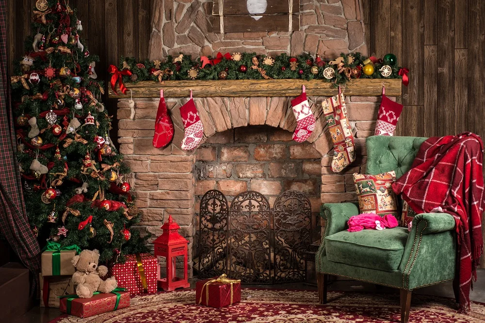 

Christmas Backdrop Tree Stove Scok Fireplace Xmas Party Photography Backdrop for Pictures Background Photo Studio Props XT-5049