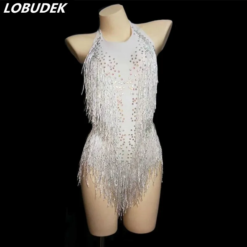 

White Red Tassel Bodysuit Sparkly Stones Sexy Backless Bodysuits Bar Nightclub Performance Lady Singer Dancer Costume Sleeveless