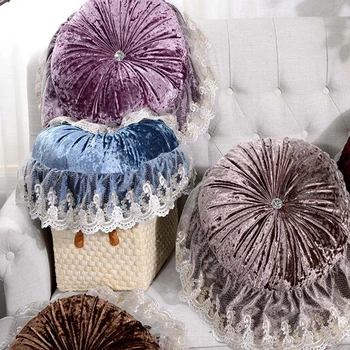 

European High Quality Luxury Cushions Velvet Fabric Lace Solid Color Sofa Back Cushions Decorative Pillows Round Throw Pillows