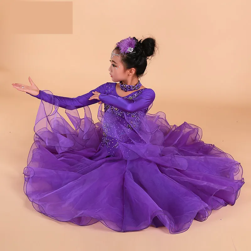 Rhinestone Girls Embroidery Pendulum Standard Ballroom Dance Dress Children Tango Flamenco Waltz Dance Competition Dress