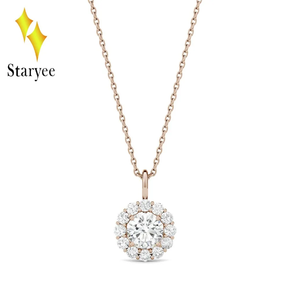 

Round Moissanite Engagement Halo Necklace 0.6ct GH VS Lab Grown Diamond 18K Rose Gold Wedding Necklace Pendant Jewelry Gift