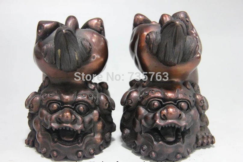 

00905 China Royal Red Copper Bronze Feng Shui Evil Guard Door Foo Dog Lion Kylin Pair