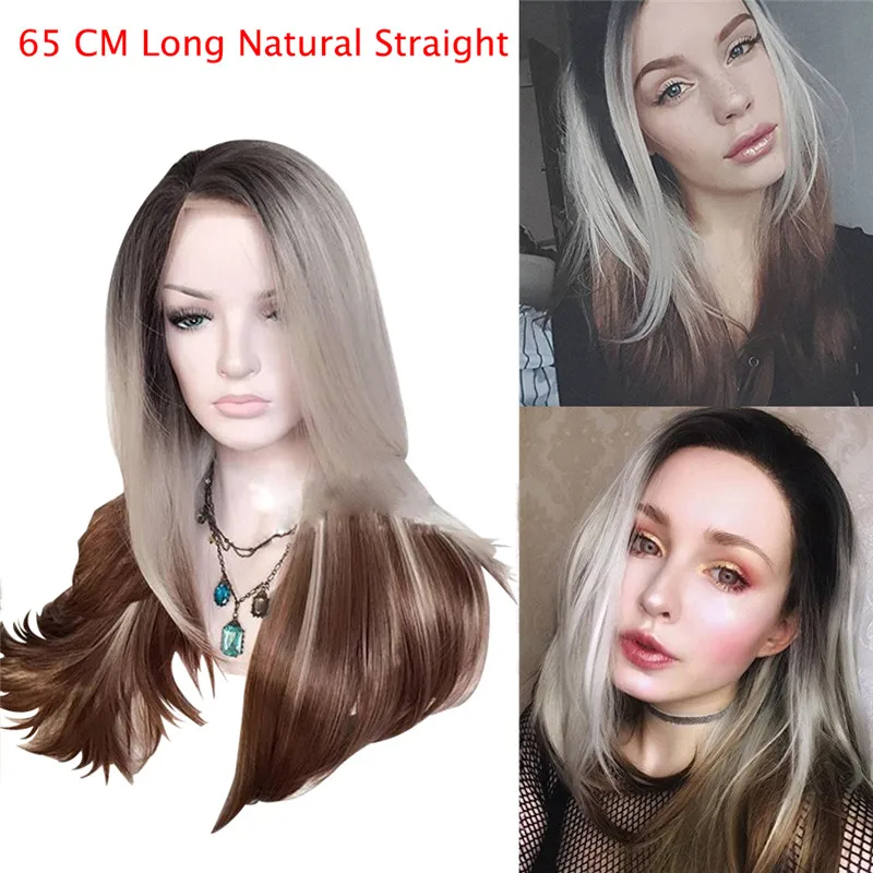 65 см модные длинные естественные прямые Ice Silver to Chocolate Brown Ombre термостойкие