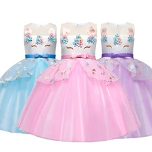 Платье для девочек; Новинка; летнее праздничное платье для девочек с рисунком единорога; нарядное платье-пачка принцессы с аппликацией из бисера; разноцветное Тюлевое платье