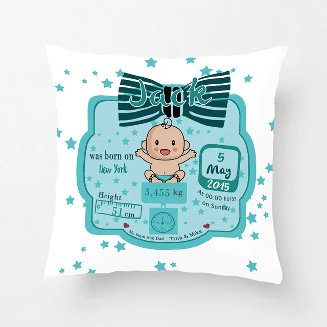 custom birth data printing baby boy blue throw pillow case baby boy cover photos