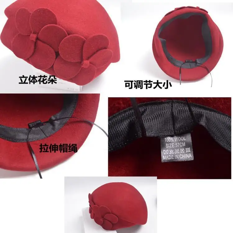 Flower French Trilby Wool Soft Stewardess Hat gorras planas New Fashion Women Beret Hat For Women Beanie Female Cap