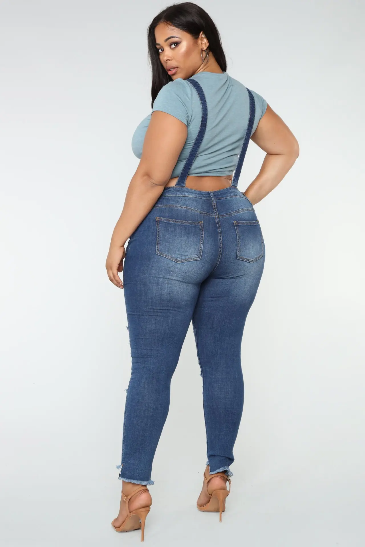 QMGOOD, женские комбинезоны размера плюс, крутой джинсовый комбинезон на лямках, рваные джинсы, синие обтягивающие Стрейчевые джинсы с высокой талией, женские 3XL