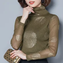 Осень Зима Женская мода тонкая водолазка Марля Лоскутная утолщенная плюс бархат под рубашки Женская флисовая футболка