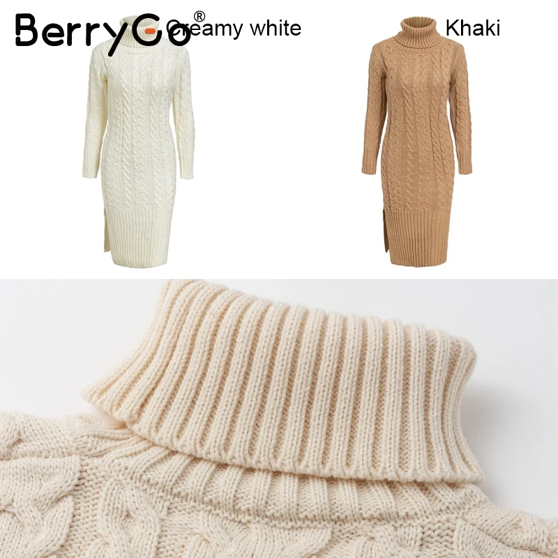 BerryGo Turtleneck split loose sweater dress long White knitted femme winter dress 2018 Autumn tricot streetwear women dress