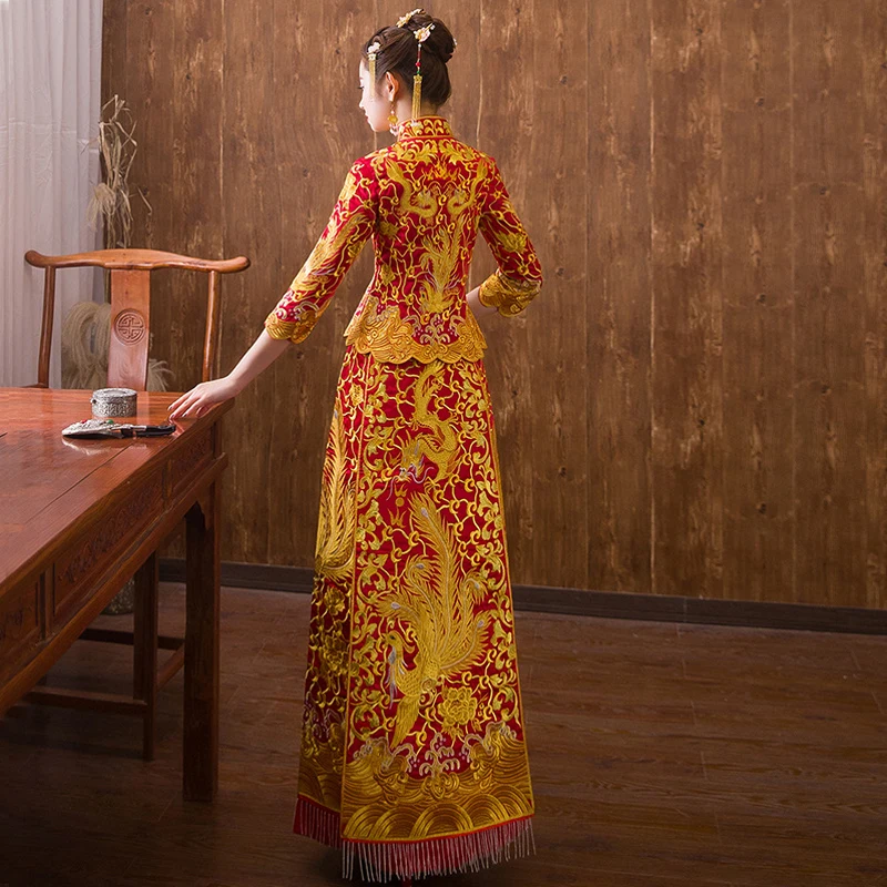 Роскошный древний Королевский Красный китайский свадебное платье традиционная Невеста вышивка Cheongsam женский Восточный Дракон Феникс Ципао s-xl