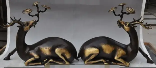

S3499 15" chinese fengshui pure bronze Ganoderma lucidum animal Sika deer lucky statue