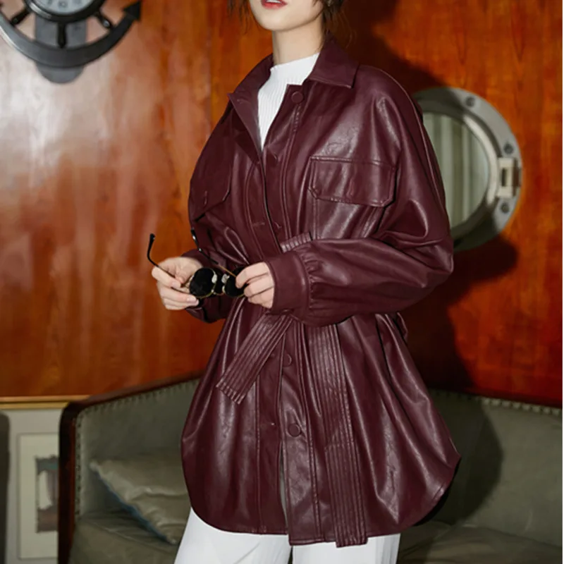Billig LANMREM 2020 drehen unten kragen wein rot voll sleeves einreiher PU leder hohe taille leder jacke weibliche WH29203S