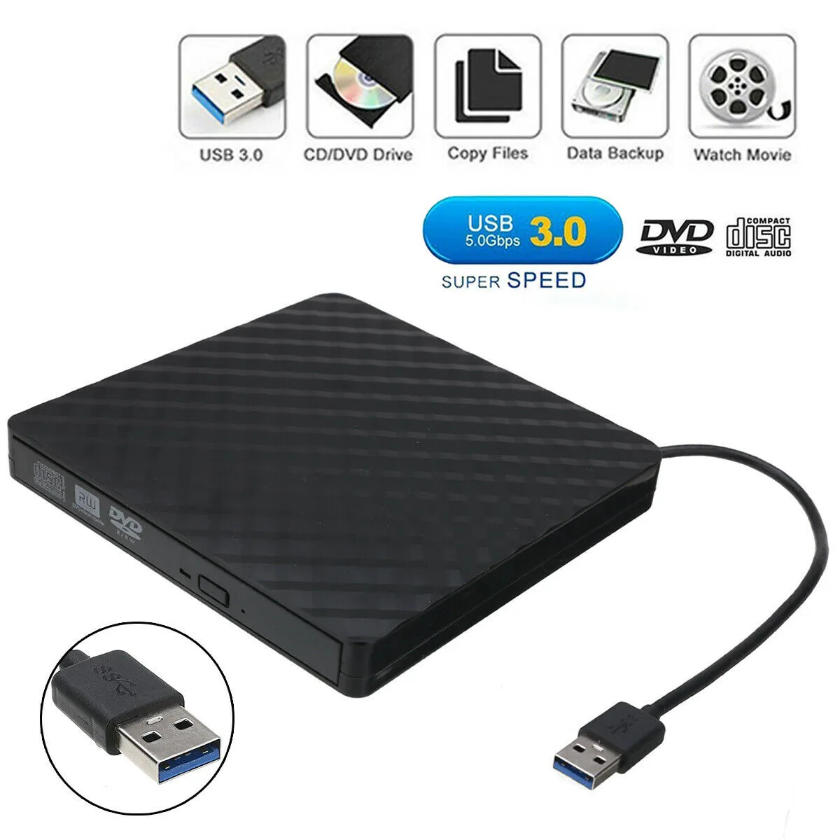 USB3.0 высокоскоростной Черный Внешний комбинированный оптический привод CD/DVD плеер CD/DVD RW rom