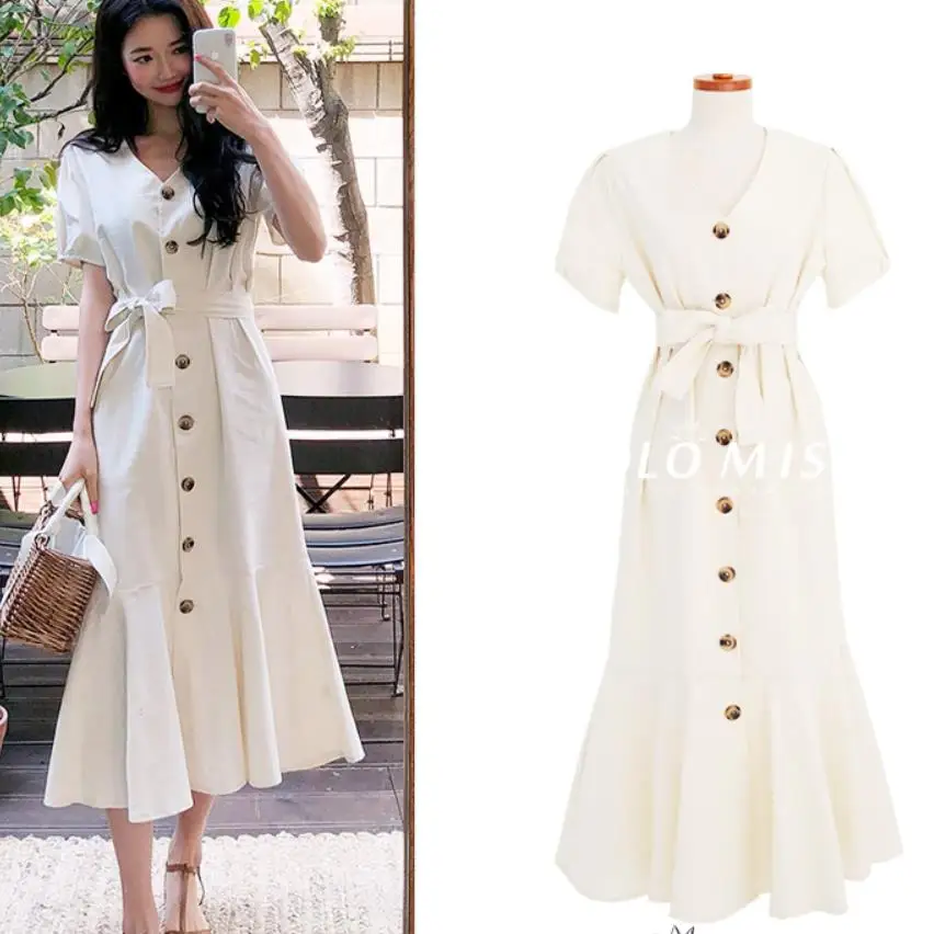 

small fresh strap V-neck women dress solid color short-sleeved single-breasted slim mermaid trumpet dress