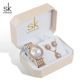 

Shengke Quartz Watch Rose Gold Women Jewelry Set SK Watches Earrings Necklace Women's Day Gift