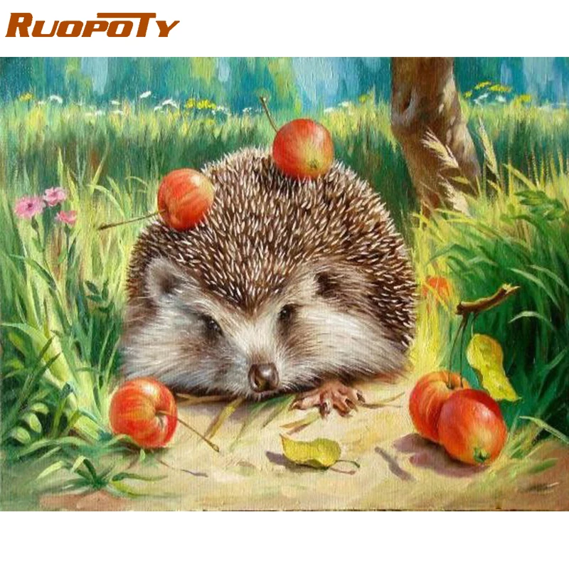 RUOPOTY рамка для Ежика DIY Краска по номерам настенная живопись Холст домашнего декора акриловая краска