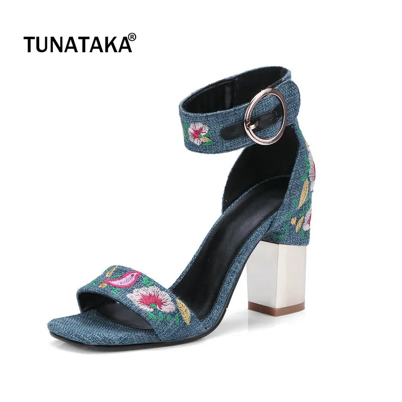 

Denim Square High Heel OPen Toe Woman Sandals Ethnic Embroider Dress High Heel Shoes Woman Summer Blue Beige