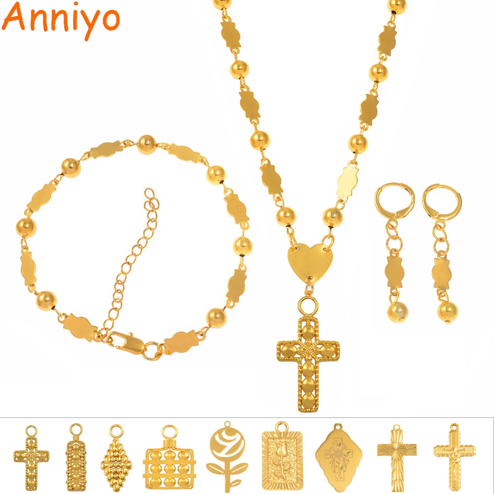 

Anniyo Heart Cross Pendant Ball Beads Necklaces Bracelet Earrings Jewelry Set Gold Color Hawaii Micronesia Marshall Guam #161206