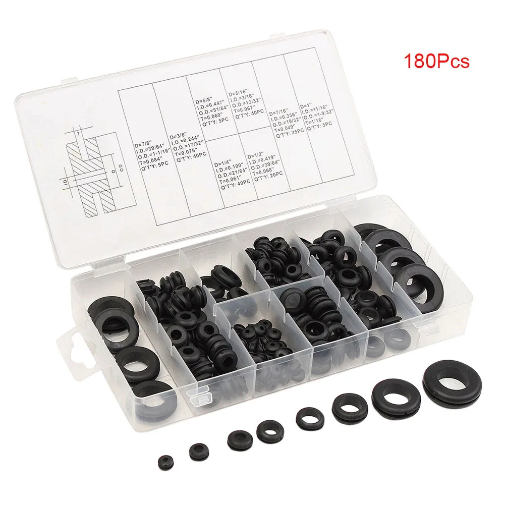 

180pcs/box Rubber Grommet for Wire 8 Sizes Grommets Gasket Rings for Protects Wire Cable Hose Rubber Seal Assortment Hose Set HR