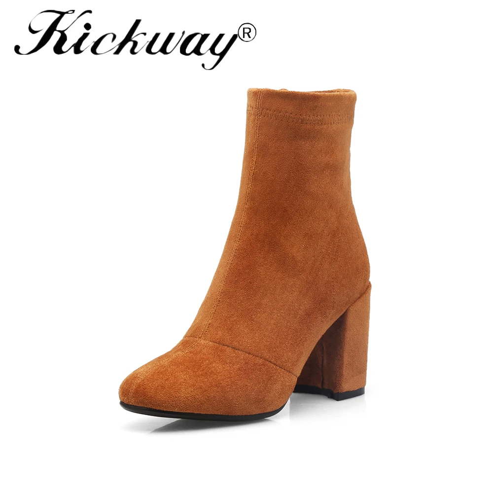

Kickway sheep suede ankle boots fashion round toe thick heel women boots high heel genuine leather lady boots plus size 34-42