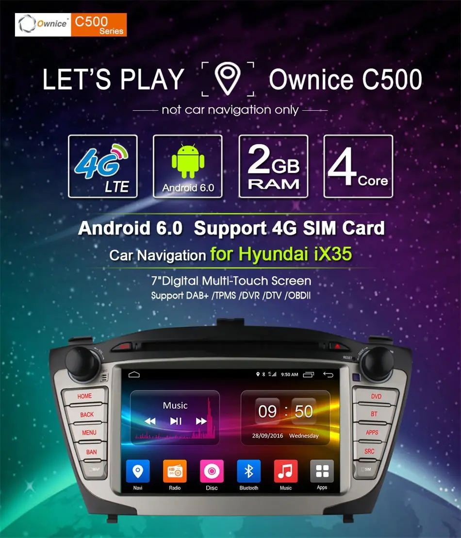 Excellent Quad core Android 6.0 Quad Core 2GB RAM 4G LTE WIFI Car DVD Player for Hyundai IX35 Tucson 2009-2014 Radio GPS Navigation BT 0