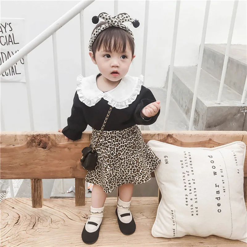 

2019 Spring Toddler Girls Outfit Set Korean Children Clothing Sets Lace Turn Down Collar Top+Leopard Skirt 2pc Kids Suit 1-5T