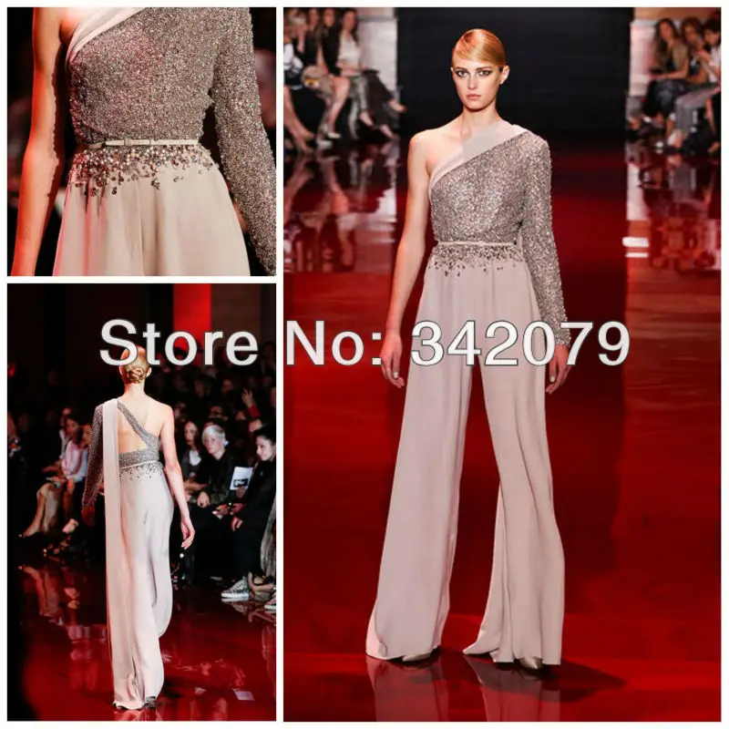Ph03425 Silver Asymmetry Jumpsuit With Fully Embroidered Bodice