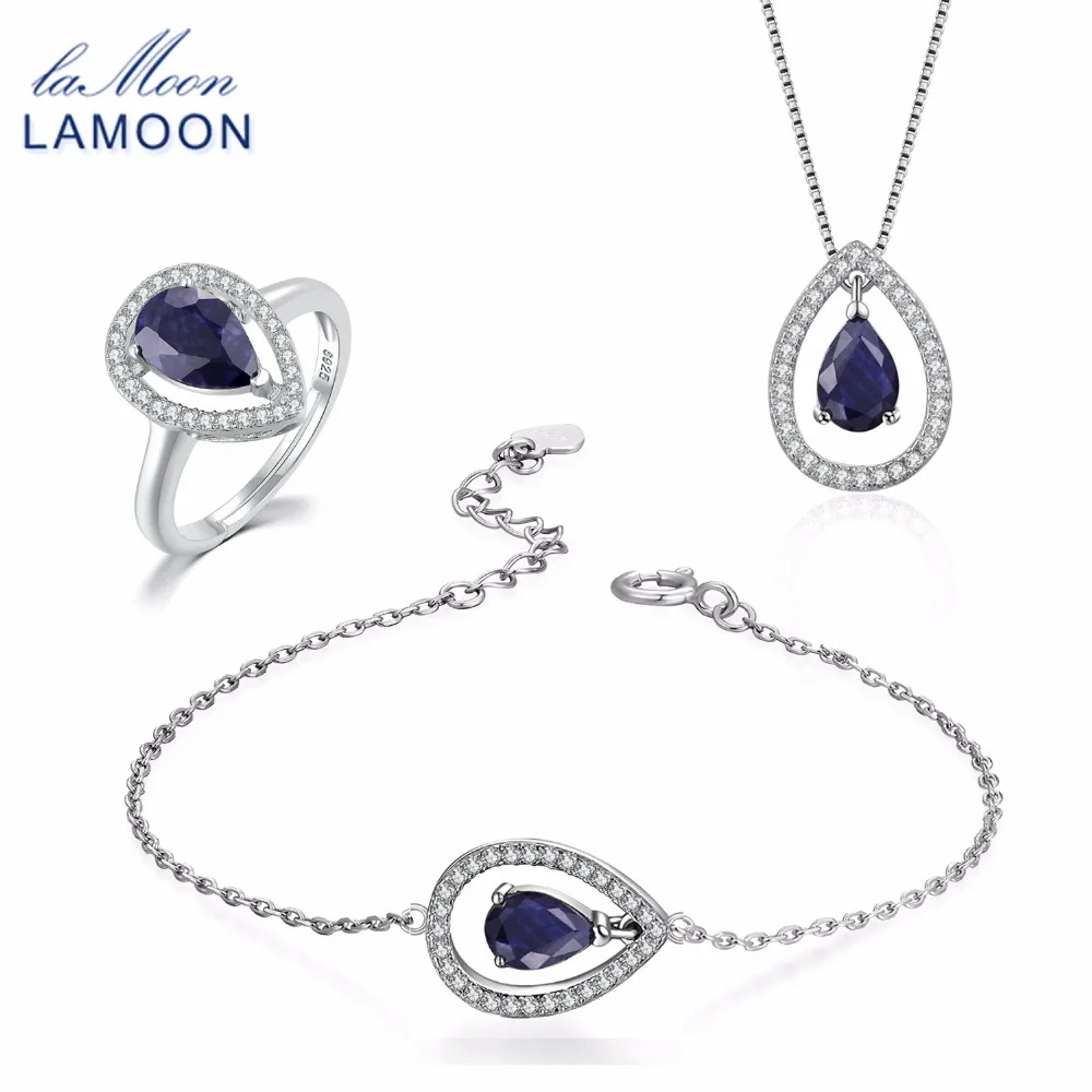 

LAMOON 2017 New 925-Sterling-Silver 3PCS Jewellery Sets Natural Sapphire Gemstones S925 Fine Jewelry For Women Wedding V040-3