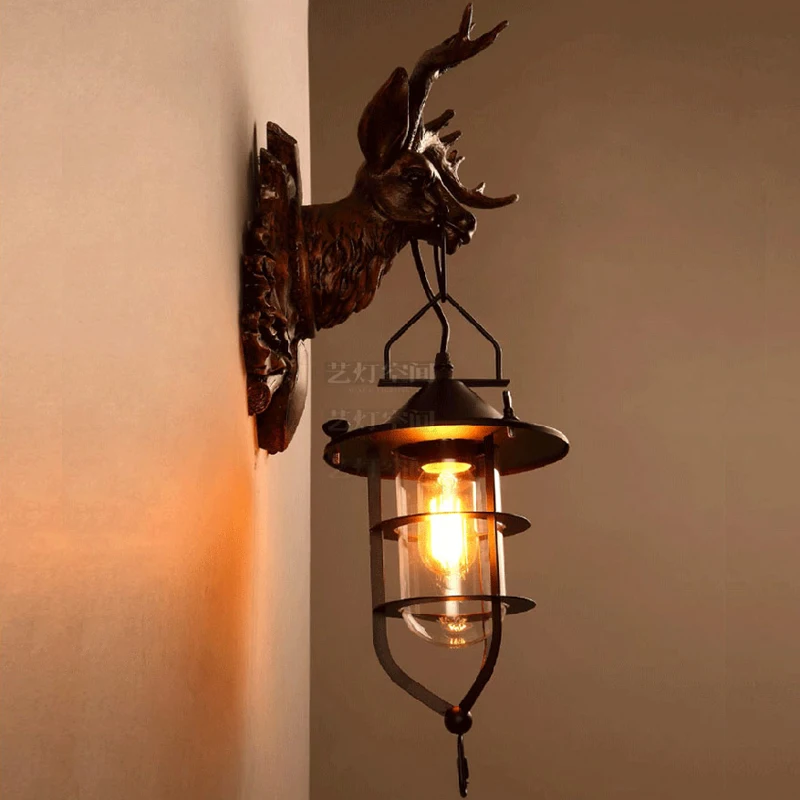 

Personality Living Room Entrance Hallway Deer Wall Light Vintage Creative American Village Bedroom Bedside Antler Wall Lamp