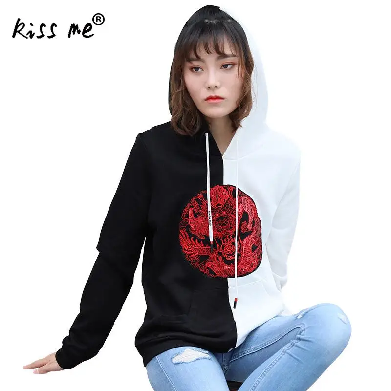 Black And White Autumn Winter New Sweatshirts Chinese Red Dragon