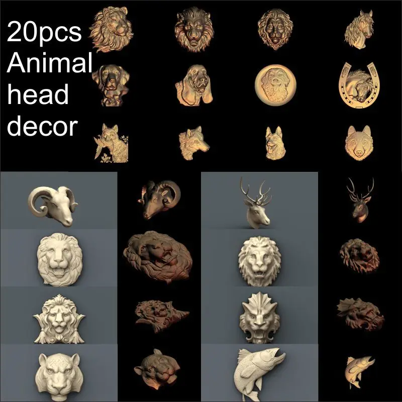 20pcs Animal head decoration 3d model STL relief for cnc STL format Animal Relief Model STL Router Engraver ArtCam