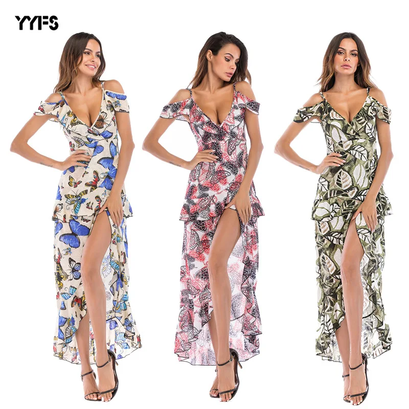 

dress women dress elegant Women's European and American dress deep V-neck irregular strap dress