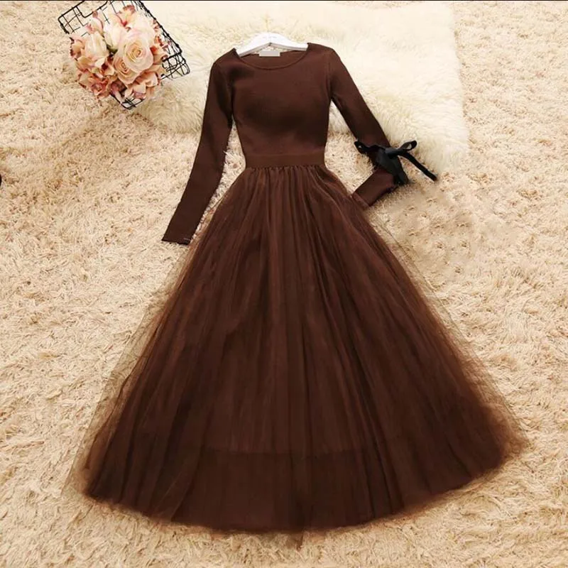 

Autumn Winter Dress 2018 Women knitting Long sleeve Dress O Neck High Waist Patchwork Ladies Mesh fluffy Dresses LY1344