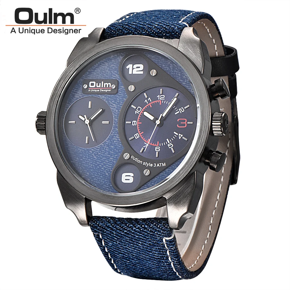 

Oulm New Denim Men Wristwatch Luxury Brand Dual Movement Quartz Clock Casual Canvas Wrist Watches Male Military Big Watch