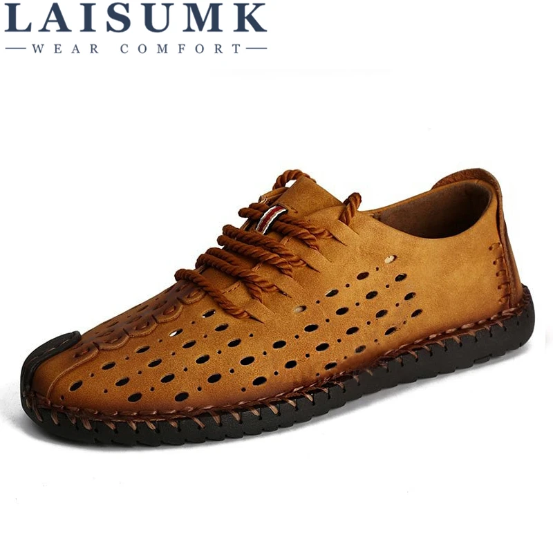 

LAISUMK Breathable Leather Casual Shoes Men Summer Beach Loafers Slip-On Design Sneakers Flat Outdoor Boat Male Shoe Moccasin