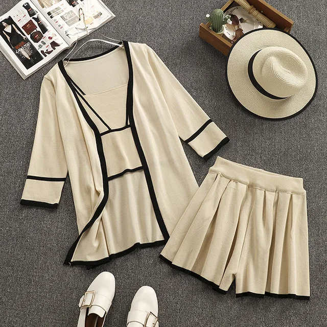 

Amolapha Women Knitted Vest Tank Tops+Cardigan+Elastic Waist Shorts 3 Pieces Sets Knitting Short Pants Suits