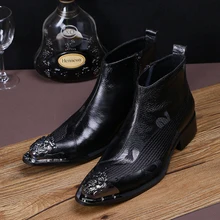 Modedesigner Männer Metall Spitz Stiefeletten Schwarz Stickerei Echtem Leder Kurze Stiefel Plus Größe Party Kleid Schuhe