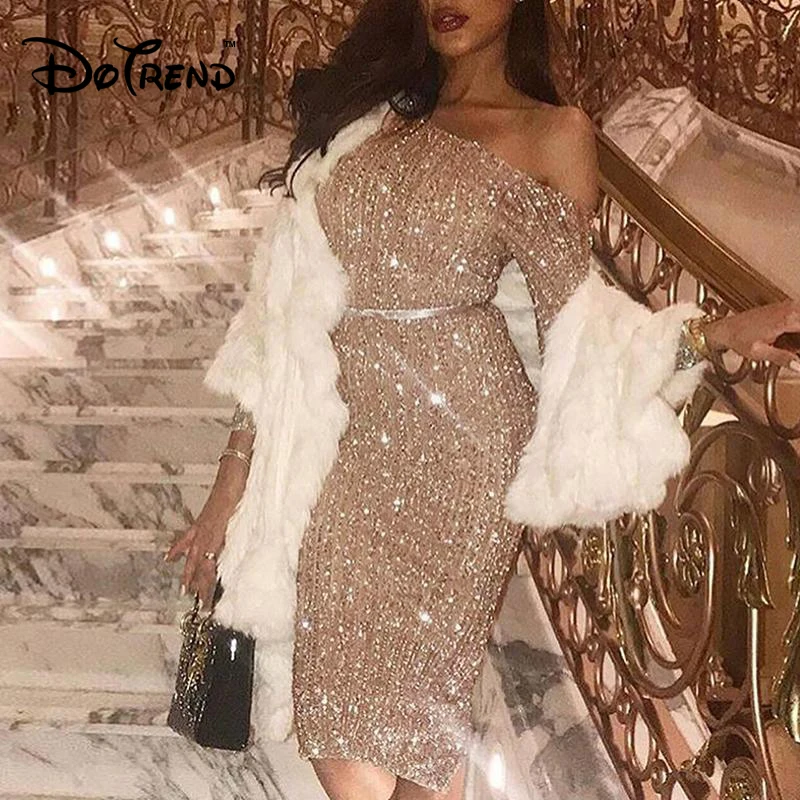 

Dotrend 2019 Women Elegant Fashion Sexy Shinny Cocktail Midi Sparkly Dresses Female Stylish Club Skew Neck Sequin Party Dress