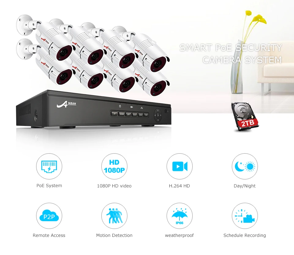 ANRAN 8 каналов 1080 P POE CCTV системы NVR комплект определение движения водостойкий безопасности IP камера P2P 1080 onvif-видео наблюдения