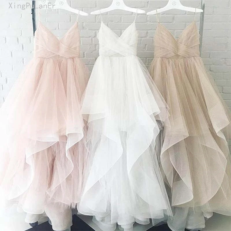 

Asymmetrical Cute Evening Dresses Spaghetti Strap Tulle Sleeveless Robe De Soiree Women Party Gowns Prom Dresses 2019 Abiye