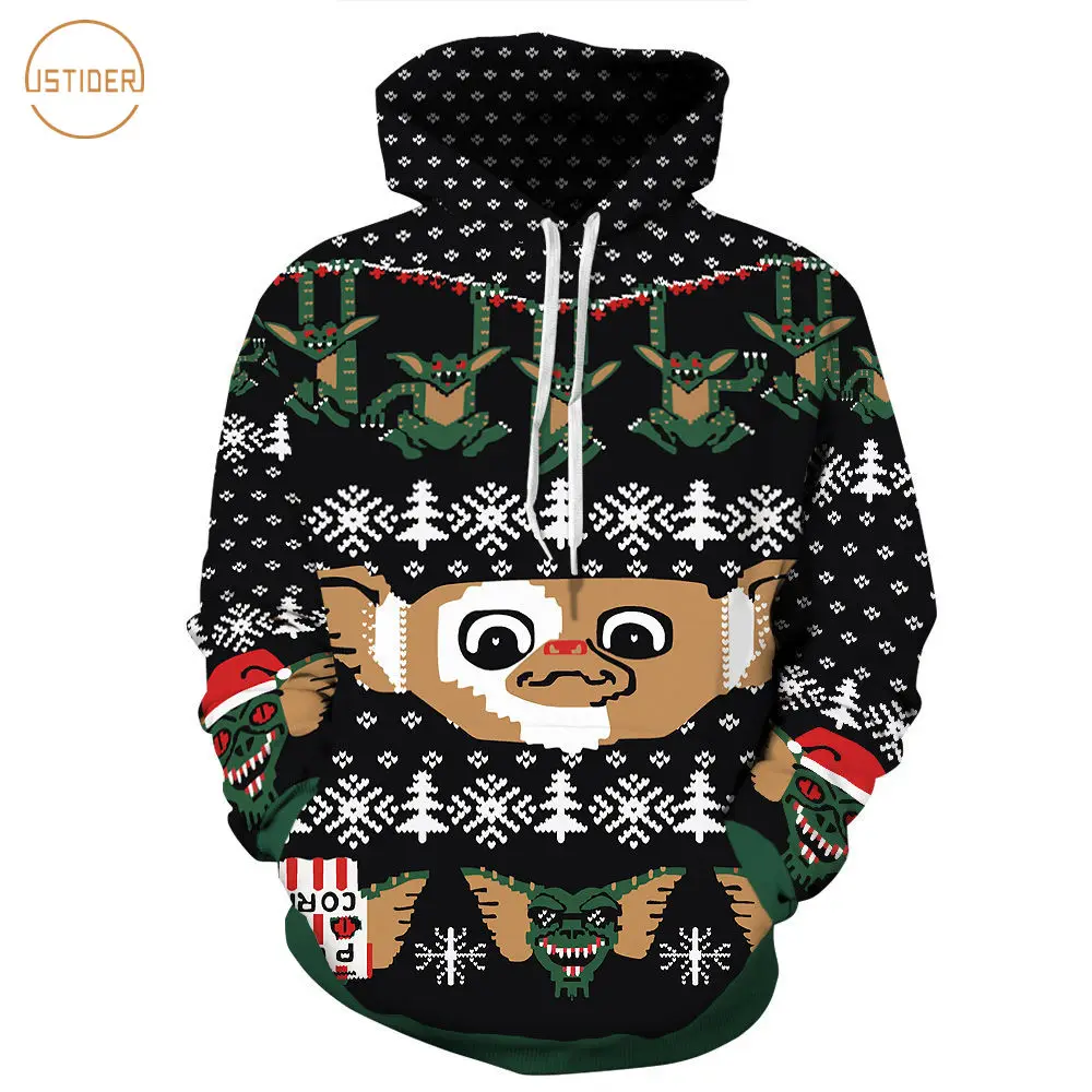 

ISTider Fall Winter Thin Cloth 3D Spoof Christmas Series Black Hoodies Full Sleeve With Pocket Loose Casual Pullover Hoody Sweat